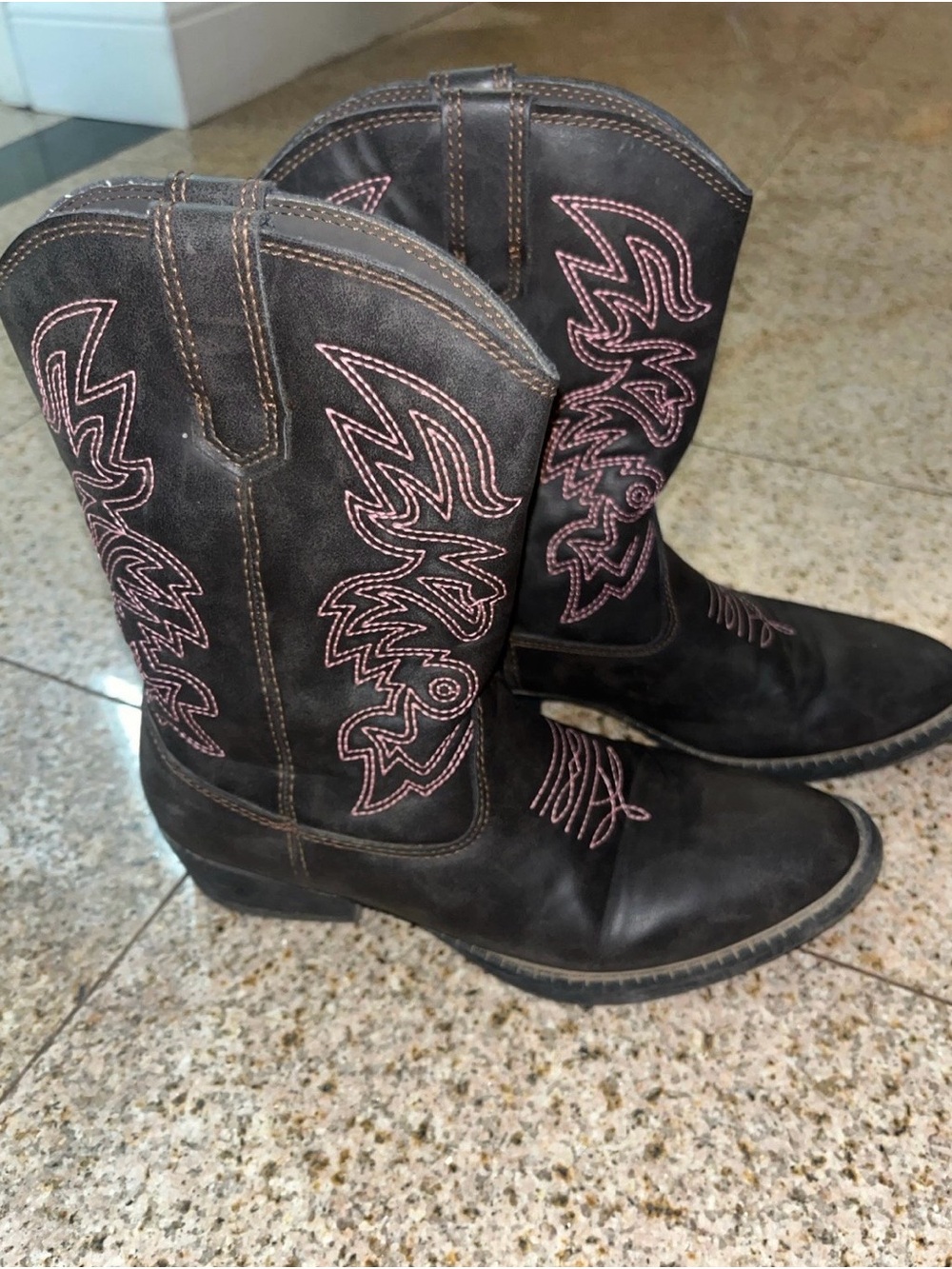 Deer Stags Black Kids Western Boots with Pink Stitching